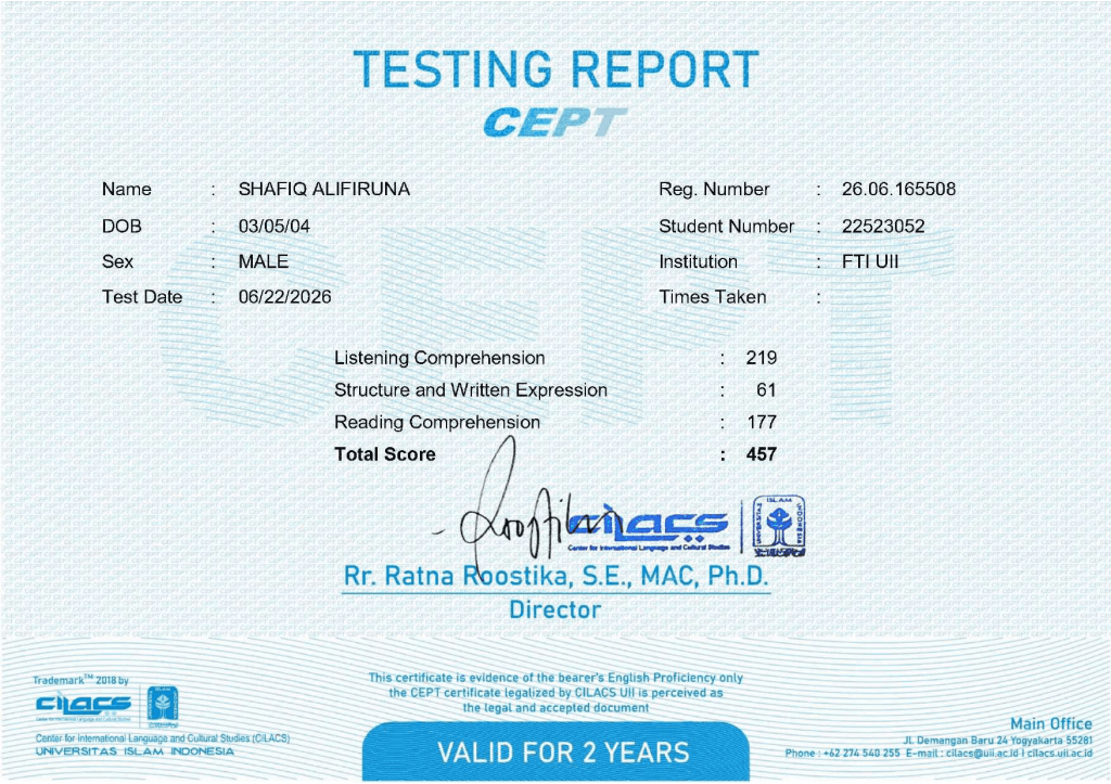 CEPT (Certificate of English Proficiency Test) Certificate
